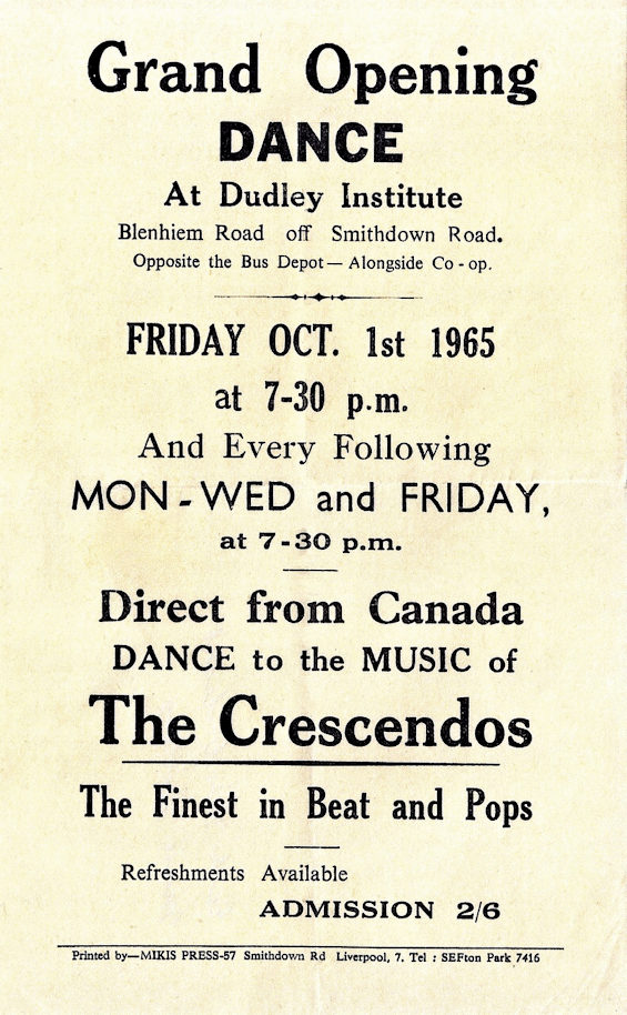 Poster of The
                              Crescendos playing at The Dudley Institute
                              in Liverpool